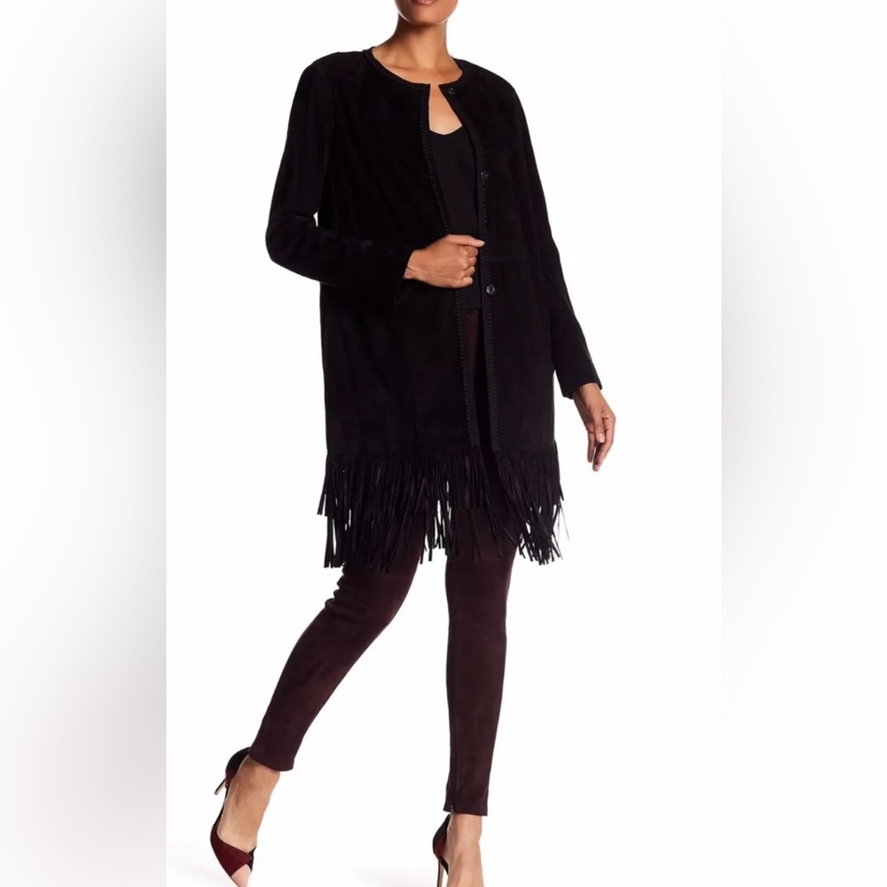 Ellie Tahari Lamb Suede Black Fringed Jacket